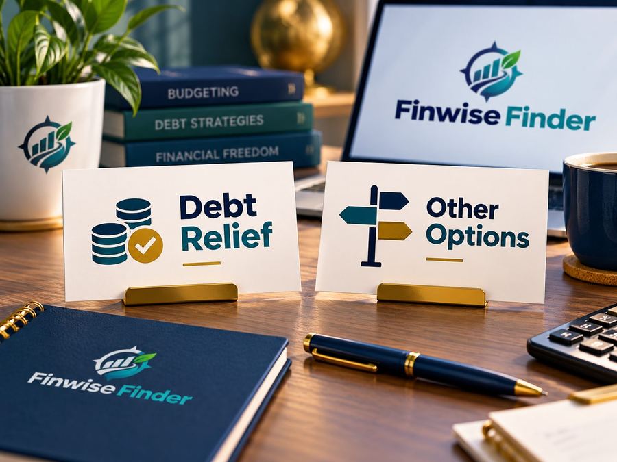 Cards on a desk labelled Debt Relief and Other Options