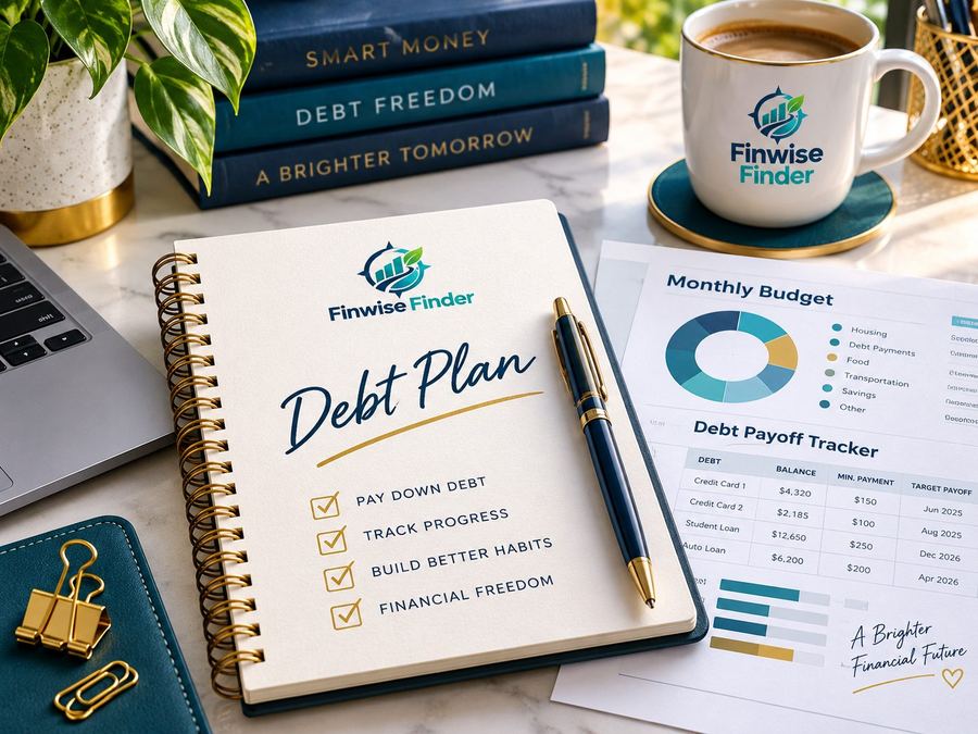 Notebook with a written debt plan beside a monthly budget